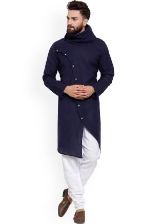 Blue Readymade Cowl Neck Kurta Pyjama In Cotton