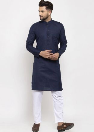 Readymade Blue Plain Cotton Kurta Pajama