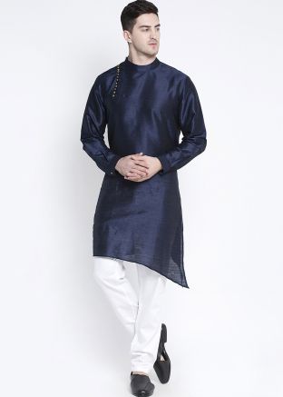 Blue Asymmetric Dupion Silk Readymade Kurta Pajama