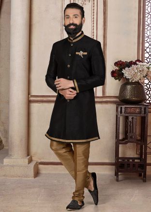 Black Lace Work Indo Western Sherwani Set