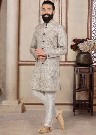 Off White Woven Indo Western Sherwani & Pant