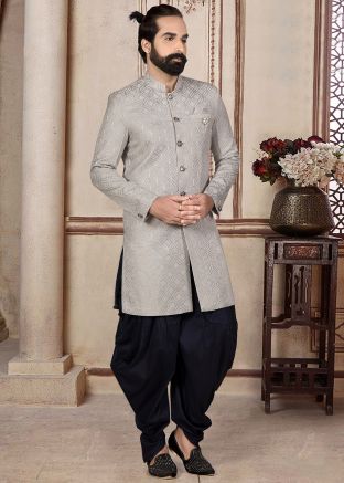 Grey Woven Design Dhoti With Indo Western Sherwani