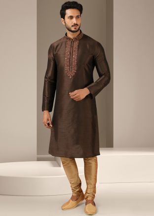 Brown Embroidered Mens Kurta With Pajama