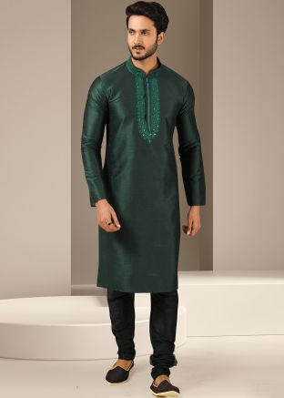 Mens Green Embroidered Kurta With Churidar