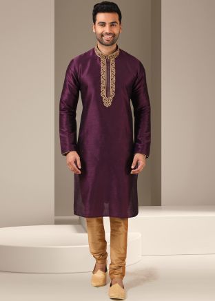 Mens Purple Embroidered Kurta With Churidar
