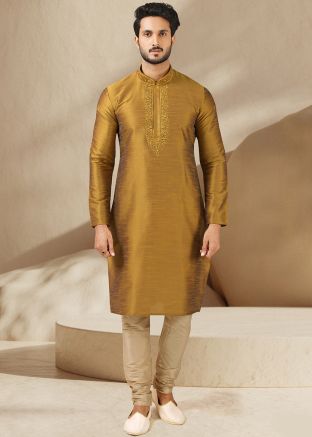 Golden Mens Readymade Embroidered Kurta Pajama