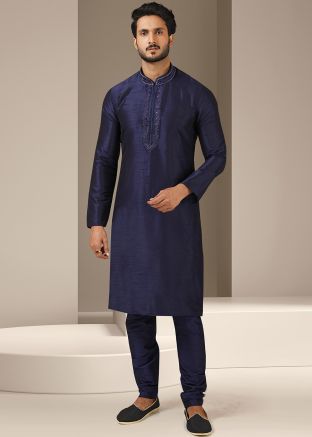 Navy Blue Embroidered Mens Kurta Pajama