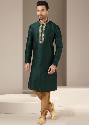 Green Festive Embroidered Kurta With Churidar