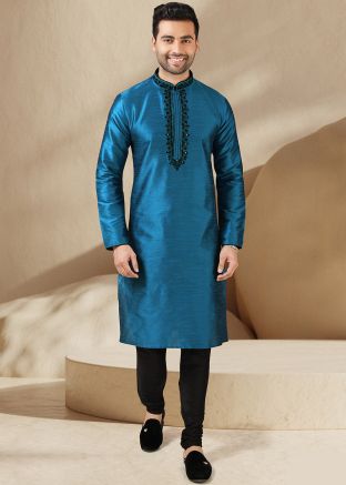 Festive Mens Blue Embroidered Kurta Churidar Set