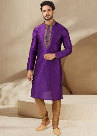 Readymade Thread Embroidered Purple Kurta Pajama