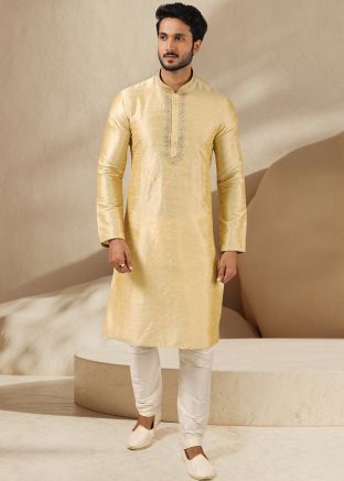 Golden Mens Embroidered Kurta Churidar Set