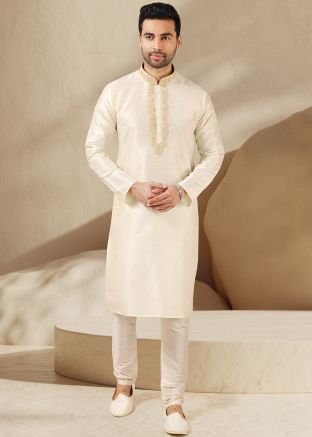 Cream Mens Embroidered Kurta Pajama Set