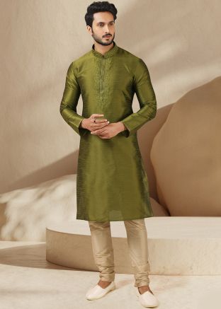 Readymade Green Embroidered Kurta With Churidar
