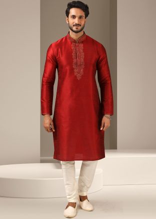 Maroon Mens Embroidered Kurta Pajama Set