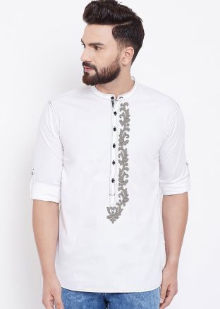 Mens White Embroidered Cotton Short Kurta 