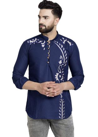 Navy Blue Embroidered Mens Short Kurta