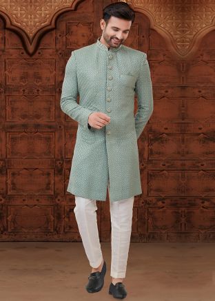 Green Chikankari Embroidered Readymade Sherwani In Georgette