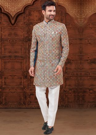 Blue Embroidered Art Silk Readymade Mens Sherwani