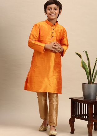Orange Kids Kurta Pajama In Dupion Silk
