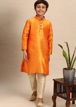 Orange Dupion Silk Kids Kurta Pajama