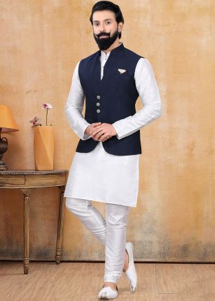 White Art Silk Kurta Pajama With Navy Blue Jacket