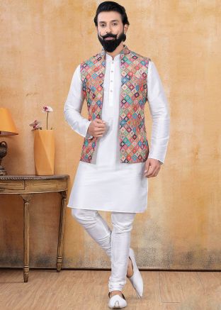 Readymade White Mens Kurta Churidar With Printed Jacket