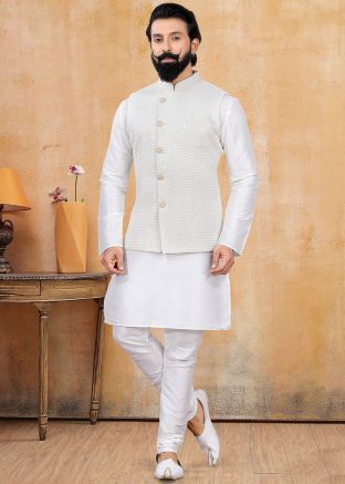 White Festive Kurta Pajama With Embroidered Jacket