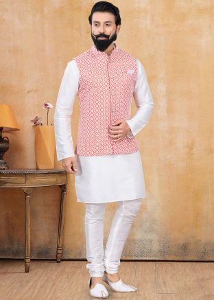 White Kurta Pajama & Embroidered Jacket For Men