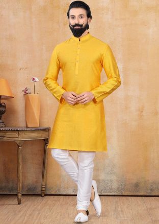 Yellow Woven Kurta Churidar Set In Jacquard