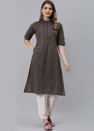 Black Printed Straight Cut Printed Kurta