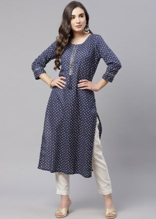 Blue Printed Readymade Kurta In Cotton