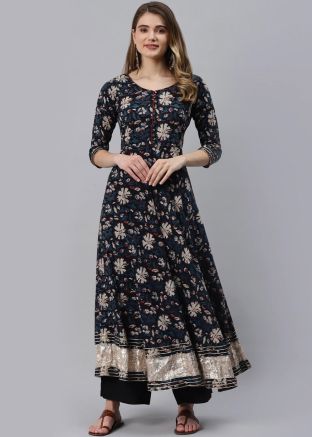 Blue Floral Printed Flared Style Kurta