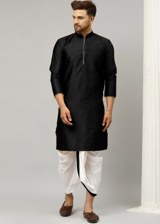 Black Readymade Dupion Silk Kurta With Dhoti