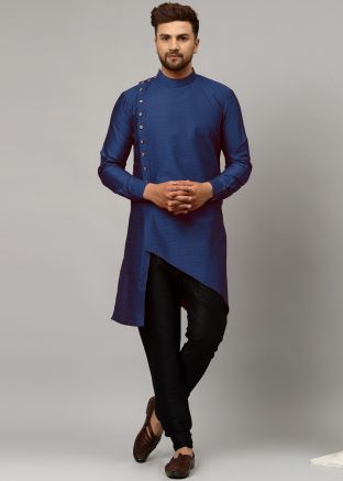 Blue Readymade Asymmetric Woven Kurta Set