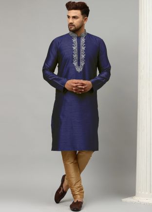 Blue Readymade Dupion Silk Woven Kurta Pajama