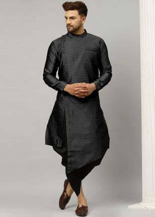 Black Readymade Woven Dhoti Kurta In Silk