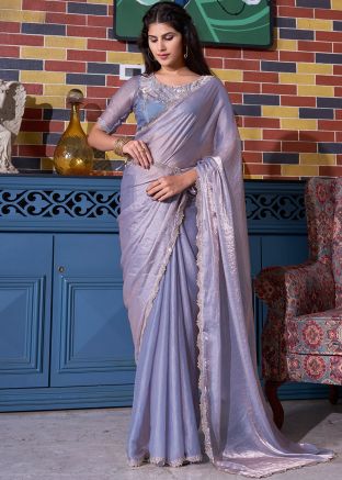 Purple Stone Work Saree In Satin
