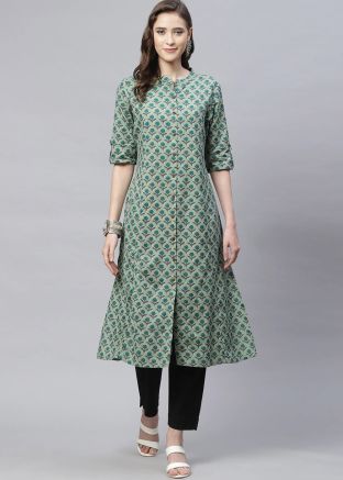 Green Floral Print Readymade Cotton Kurti