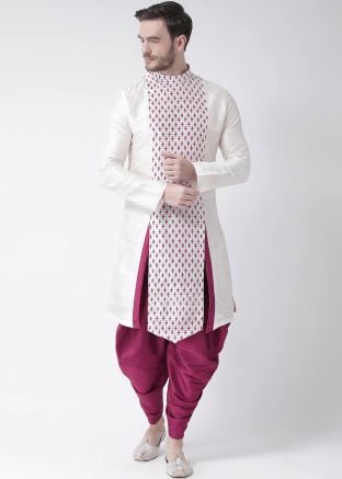 White Printed Slit Style Angrakha Dhoti Kurta Set