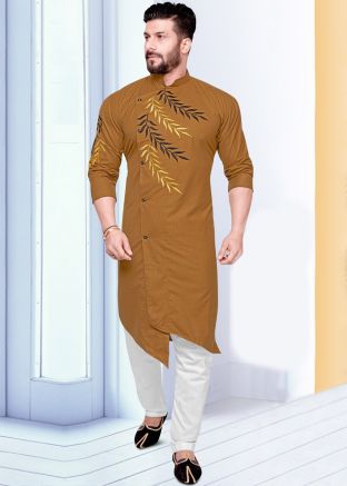 Brown Embroidered Asymmetric Kurta With Pajama