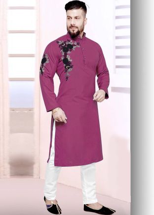 Purple Embroidered Cotton Kurta Churidar For Men