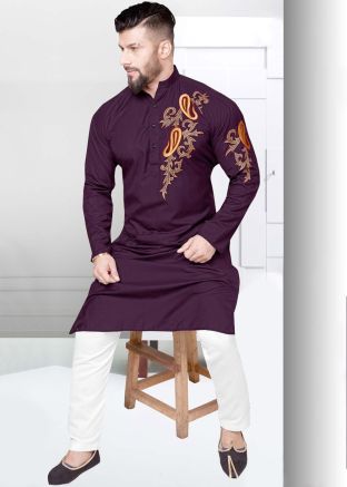 Readymade Mens Purple Embroidered Kurta Pajama Set