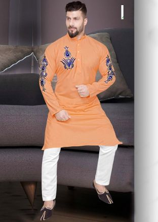 Peach Embroidered Cotton Kurta Churidar Set