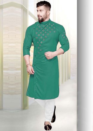 Readymade Green Embroidered Mens Kurta With Pajama