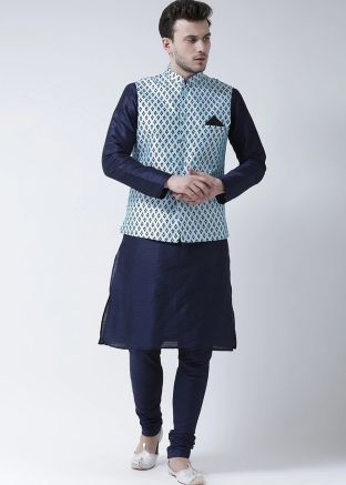 Blue Mens Dupion Silk Kurta Pajama & Nehru Jacket
