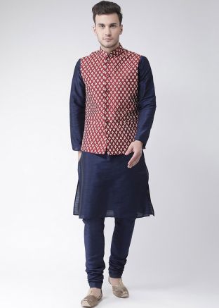 Blue Mens Kurta Pajama & Nehru Jacket in Dupion Silk