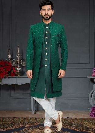 Green Embroidered Wedding Nehru Jacket Style Indo Western Sherwani Set