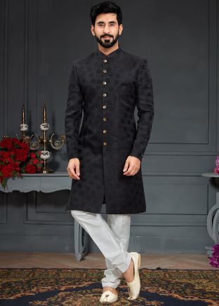 Black Mens Woven Indo Western Sherwani & Pant