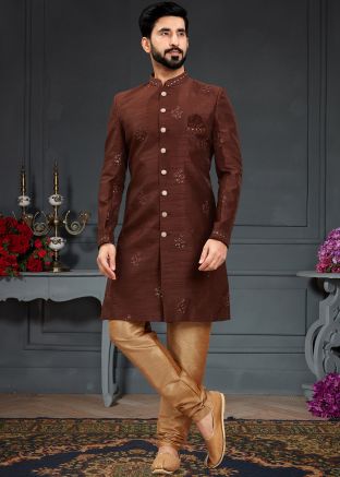 Readymade Brown Embroidered Indo Western Sherwani Set