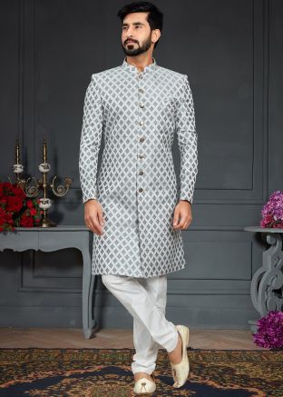 Grey Woven Mens Indo Western Sherwani Set